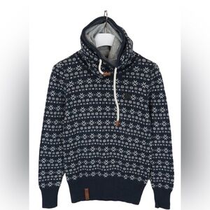 Naketano Navy Snowflake Style 100% Wool Sweater—Double Collar—BEAUTIFUL!  M